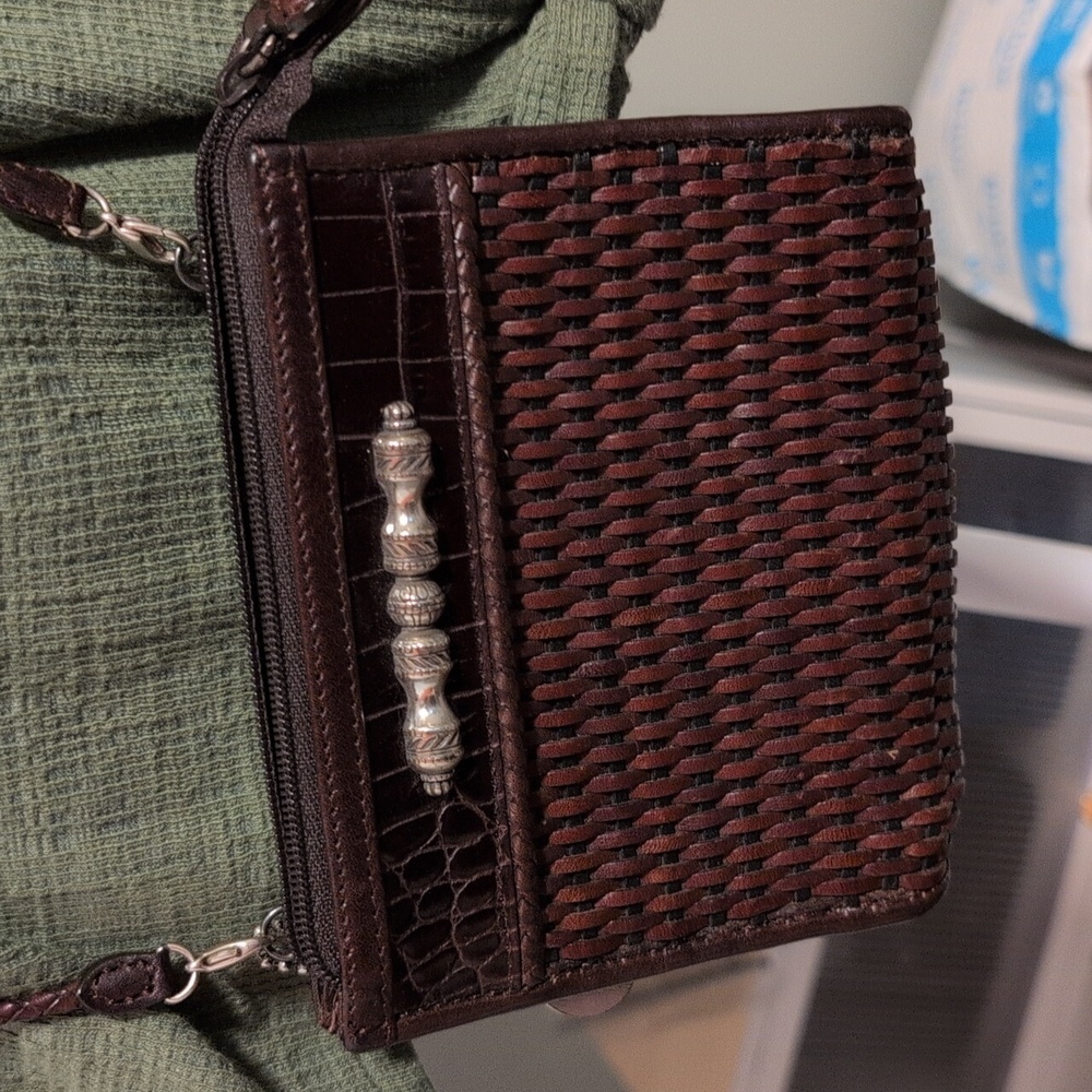 Brighton Dark Brown Woven Leather Mini Crossbody with Silver Accent